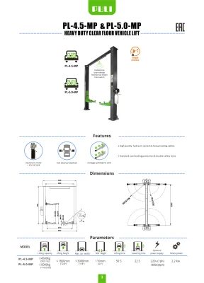 Puli Car Lift Two Post 5 Ton Heavy Duty Car Lift Clear Floor Vehicle Lift for Workshop Pl-5.0-MP